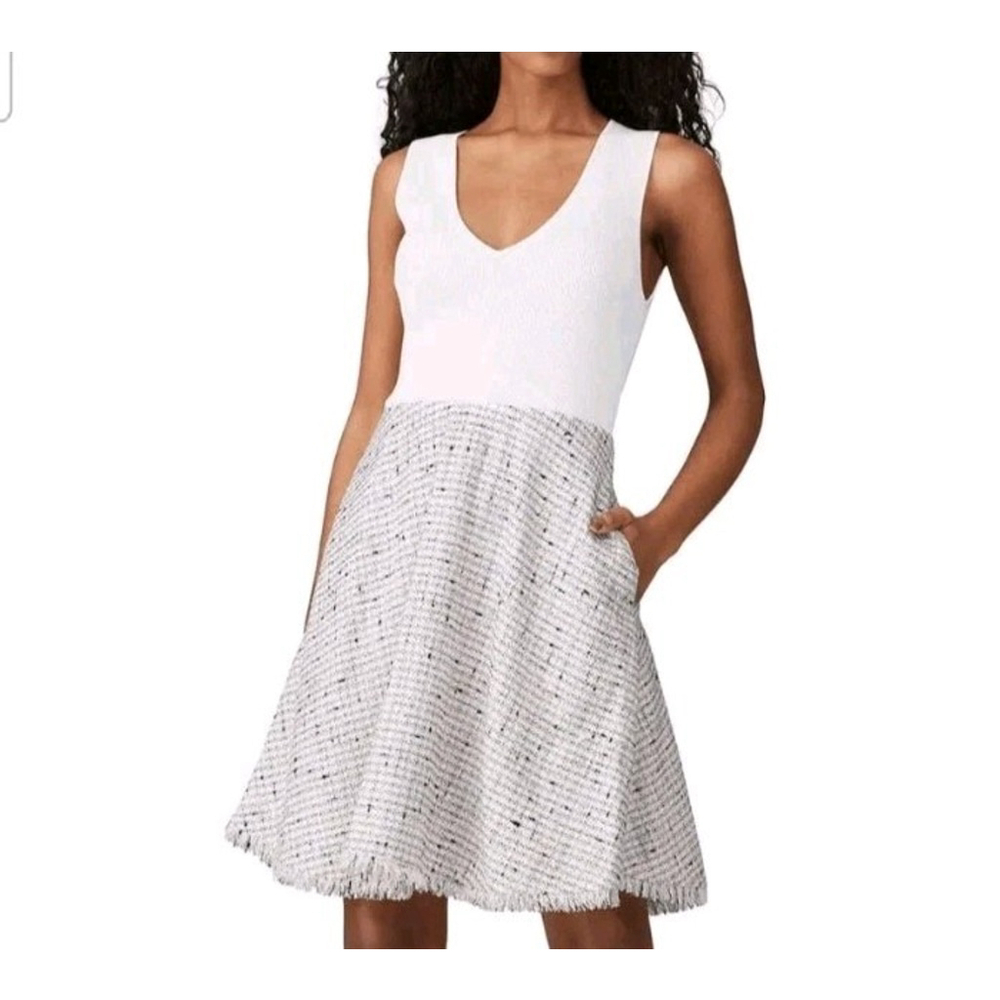 Ted Baker London Adalad A-Line Sleeveless Tweed Skirt Frayed Hem V-Neck dress 2